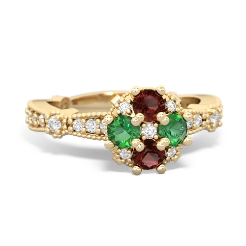 Genuine Garnet with Lab Created Emerald Milgrain Antique Style ring