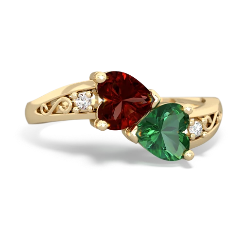 Genuine Garnet with Lab Created Emerald Snuggling Hearts ring