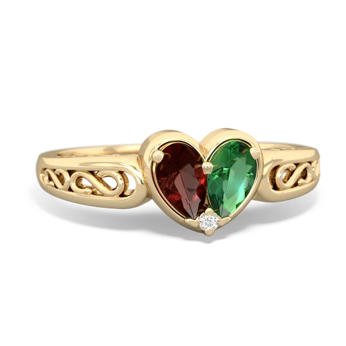 Genuine Garnet with Lab Created Emerald filligree Heart ring
