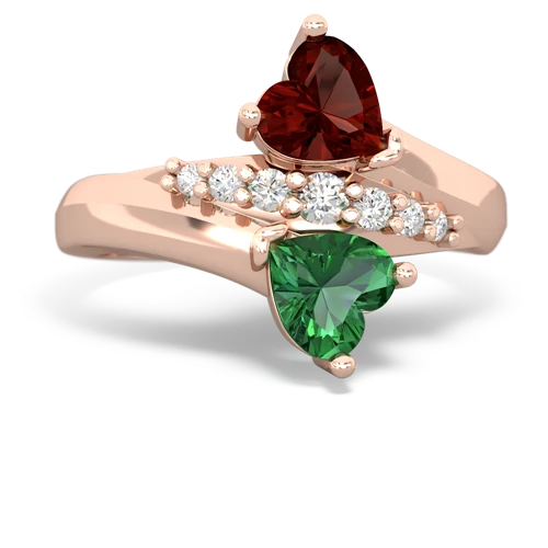Genuine Garnet with Lab Created Emerald Heart to Heart Bypass ring