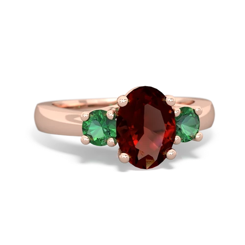 Genuine Garnet with Lab Created Emerald Three Stone Trellis ring