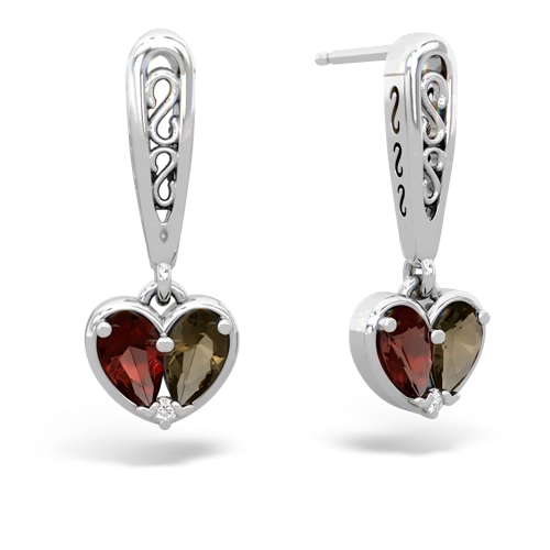 garnet-smoky quartz filligree earrings