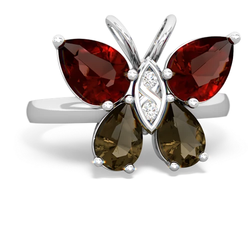 garnet-smoky quartz butterfly ring