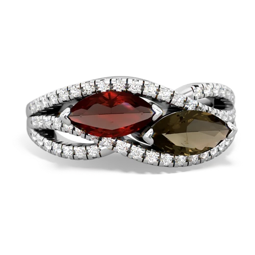 garnet-smoky quartz double heart ring