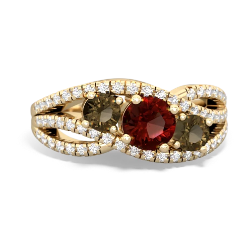 garnet-smoky quartz three stone pave ring