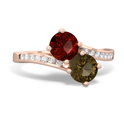 garnet-smoky quartz two stone channel ring