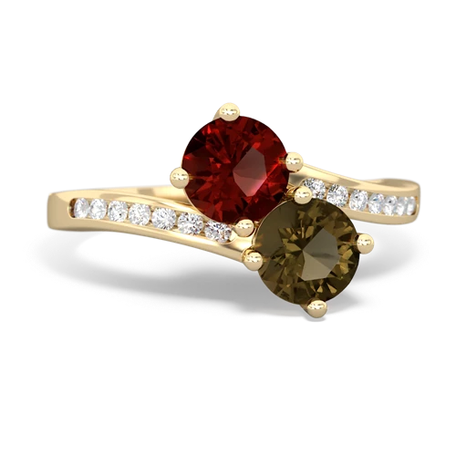 garnet-smoky quartz two stone channel ring