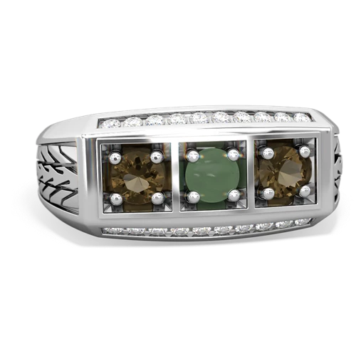 jade-smoky quartz three stone ring