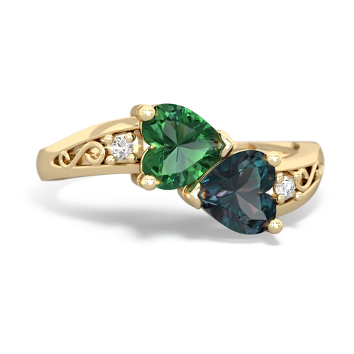 Lab Emerald Lab Created Emerald with Lab Created Alexandrite Snuggling Hearts ring Ring