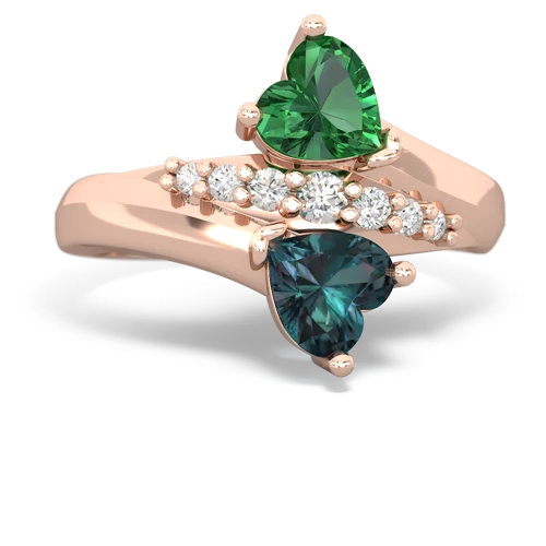 Lab Emerald Lab Created Emerald with Lab Created Alexandrite Heart to Heart Bypass ring Ring
