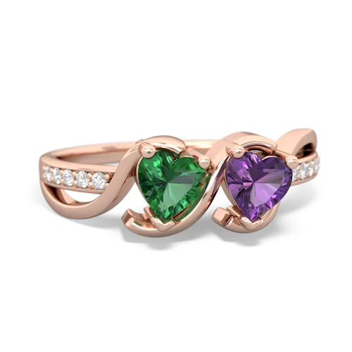 lab emerald-amethyst double heart ring