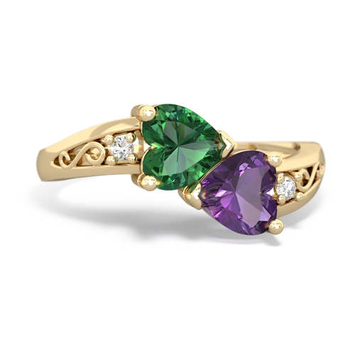 Lab Emerald Lab Created Emerald with Genuine Amethyst Snuggling Hearts ring Ring