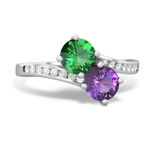 lab emerald-amethyst two stone channel ring