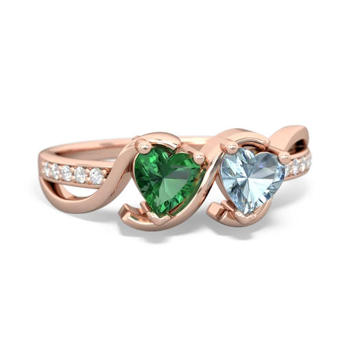 lab emerald-aquamarine double heart ring