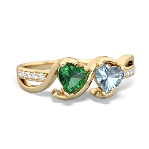 lab emerald-aquamarine double heart ring