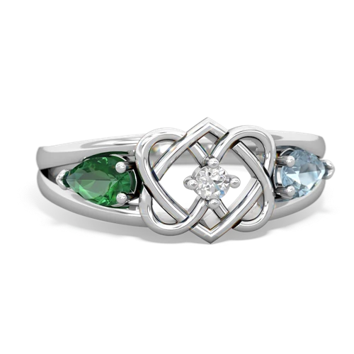 lab emerald-aquamarine double heart ring