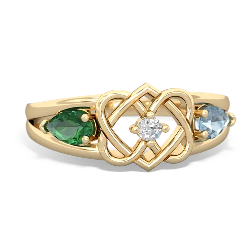 lab emerald-aquamarine double heart ring