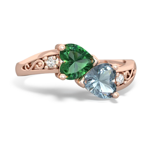 Lab Emerald Lab Created Emerald with Genuine Aquamarine Snuggling Hearts ring Ring