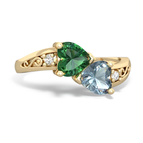 Lab Emerald Lab Created Emerald with Genuine Aquamarine Snuggling Hearts ring Ring