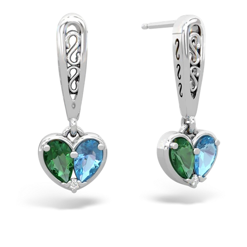 lab emerald-blue topaz filligree earrings