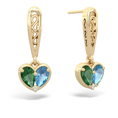 lab emerald-blue topaz filligree earrings
