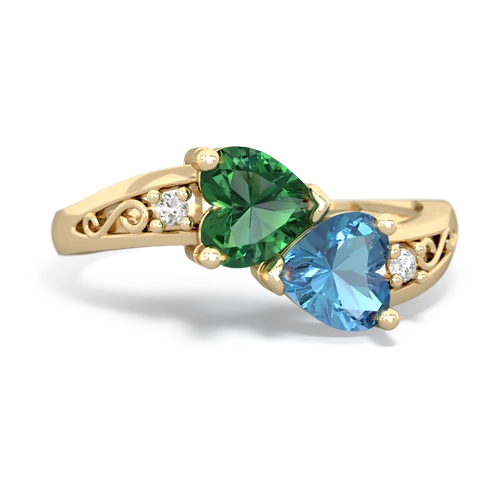 Lab Emerald Lab Created Emerald with Genuine Swiss Blue Topaz Snuggling Hearts ring Ring