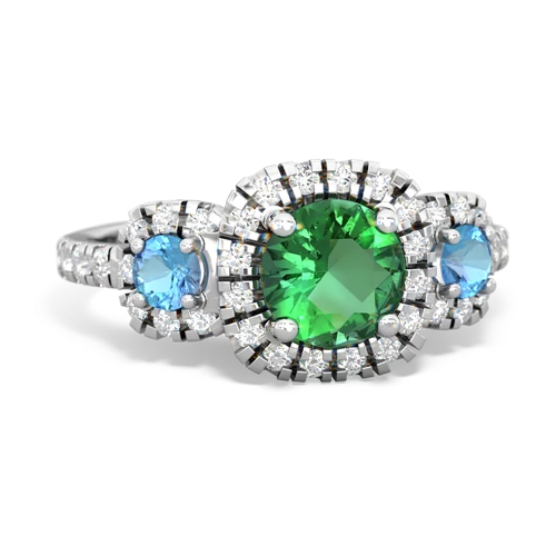 lab emerald-blue topaz three stone regal ring