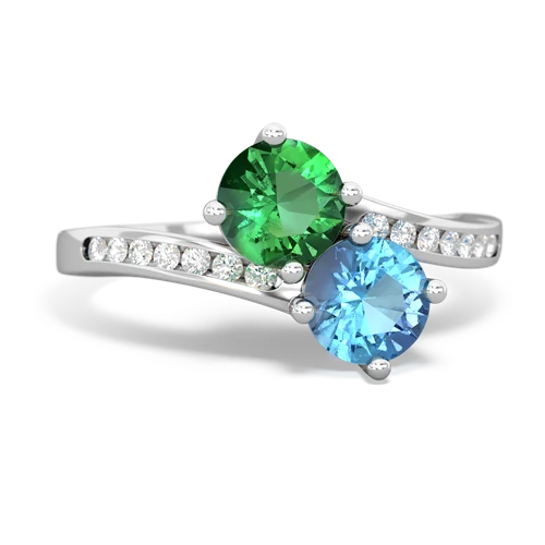 lab emerald-blue topaz two stone channel ring