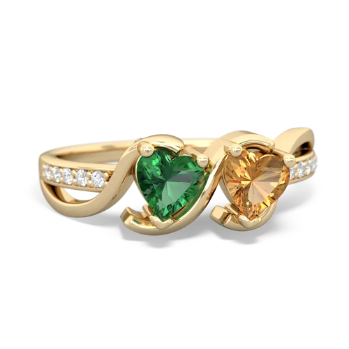 lab emerald-citrine double heart ring