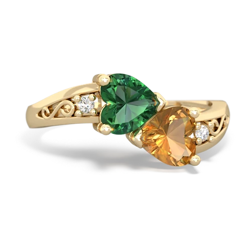 Lab Emerald Lab Created Emerald with Genuine Citrine Snuggling Hearts ring Ring