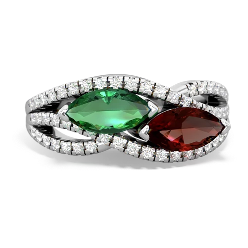 lab emerald-garnet double heart ring