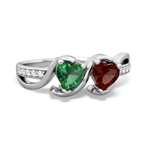 lab emerald-garnet double heart ring