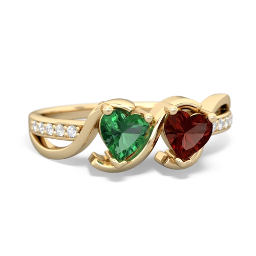 lab emerald-garnet double heart ring