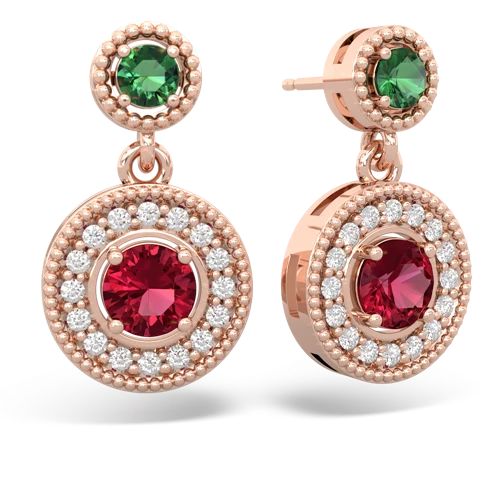 lab emerald-lab ruby halo earrings