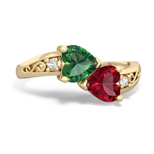 Lab Emerald Lab Created Emerald with Lab Created Ruby Snuggling Hearts ring Ring