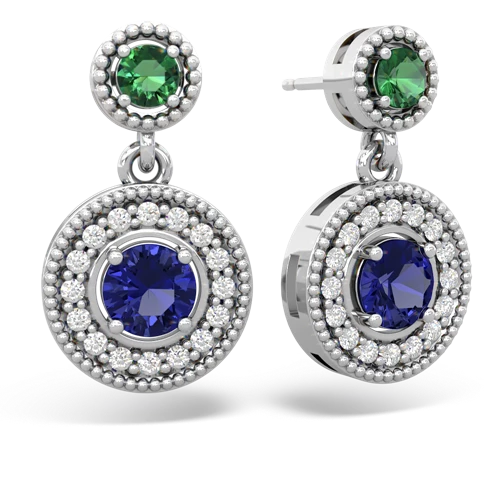 lab emerald-lab sapphire halo earrings