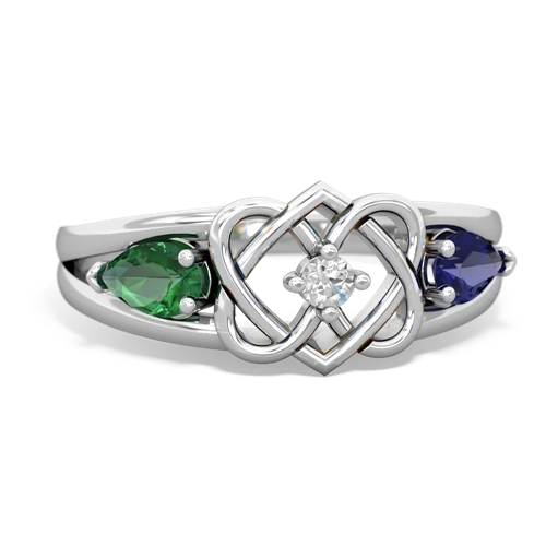 lab emerald-lab sapphire double heart ring