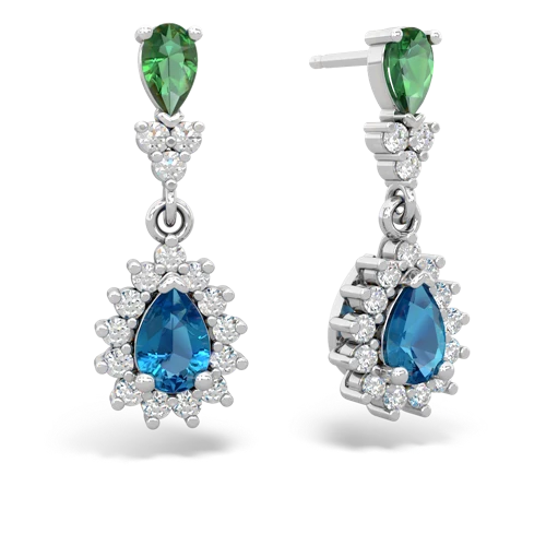 Lab Created Emerald with Genuine London Blue Topaz Halo Pear Dangle earrings