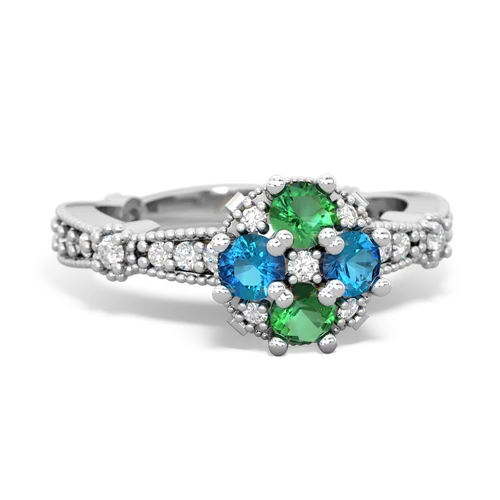 Lab Emerald Lab Created Emerald with Genuine London Blue Topaz Milgrain Antique Style ring Ring