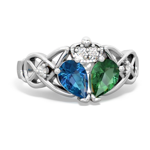 Lab Created Emerald with Genuine London Blue Topaz Two Stone Claddagh ring