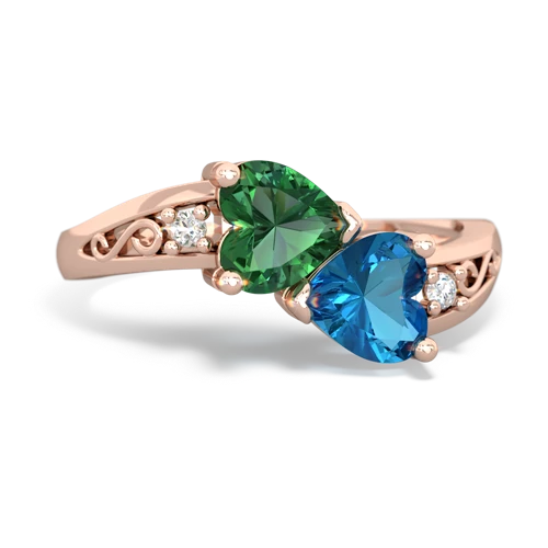 Lab Emerald Lab Created Emerald with Genuine London Blue Topaz Snuggling Hearts ring Ring