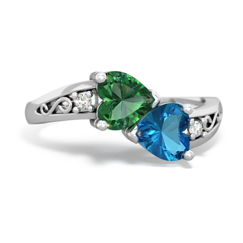 Lab Created Emerald with Genuine London Blue Topaz Snuggling Hearts ring