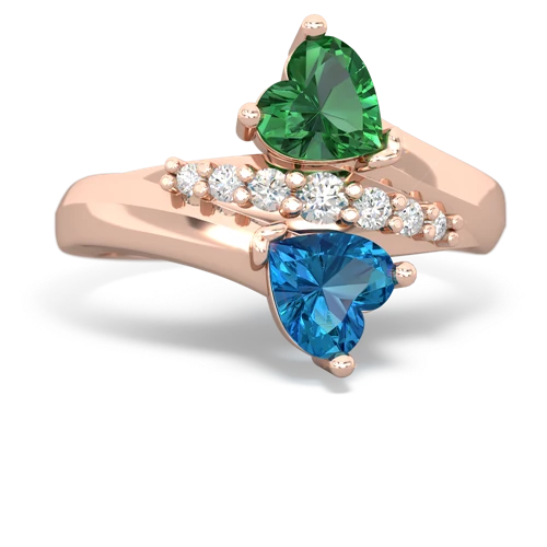 Lab Emerald Lab Created Emerald with Genuine London Blue Topaz Heart to Heart Bypass ring Ring