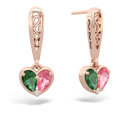 lab emerald-pink sapphire filligree earrings