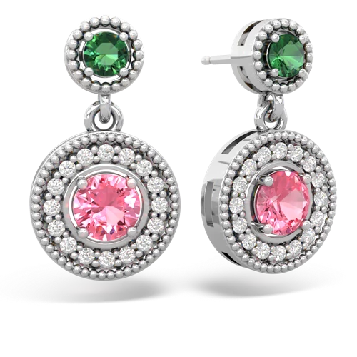 lab emerald-pink sapphire halo earrings