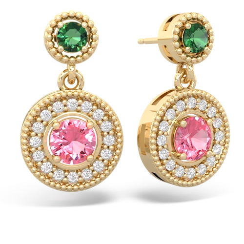 lab emerald-pink sapphire halo earrings