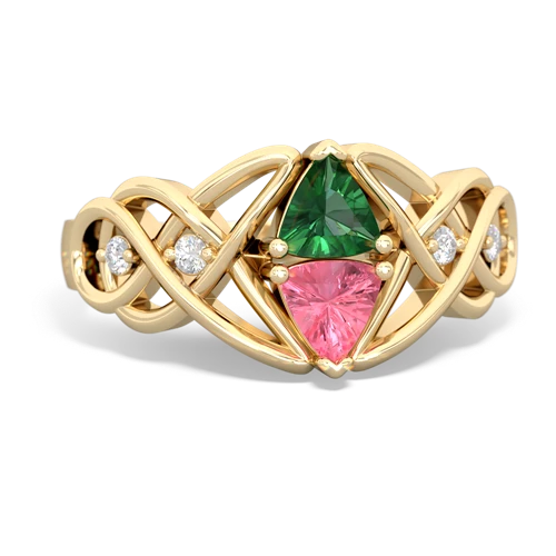 lab emerald-pink sapphire celtic knot ring