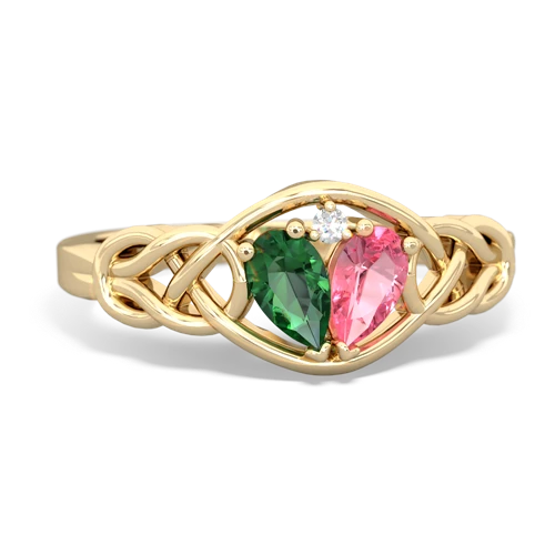 lab emerald-pink sapphire celtic knot ring