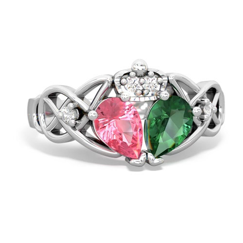 lab emerald-pink sapphire claddagh ring