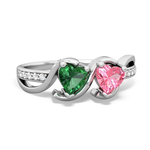 lab emerald-pink sapphire double heart ring